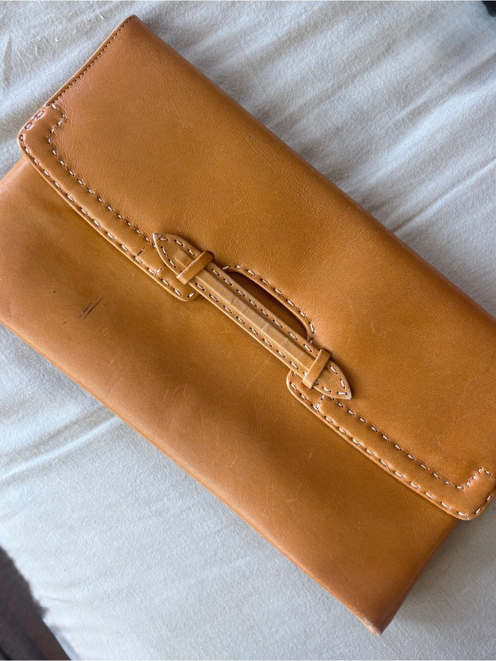 Classic Tan Leather Clutch with Stitch-Trim Buckle Accent